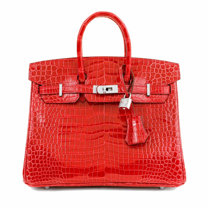 Luxury Hermes 25cm Braise Red Crocodile Birkin w/ Diamond White Gold Hardware