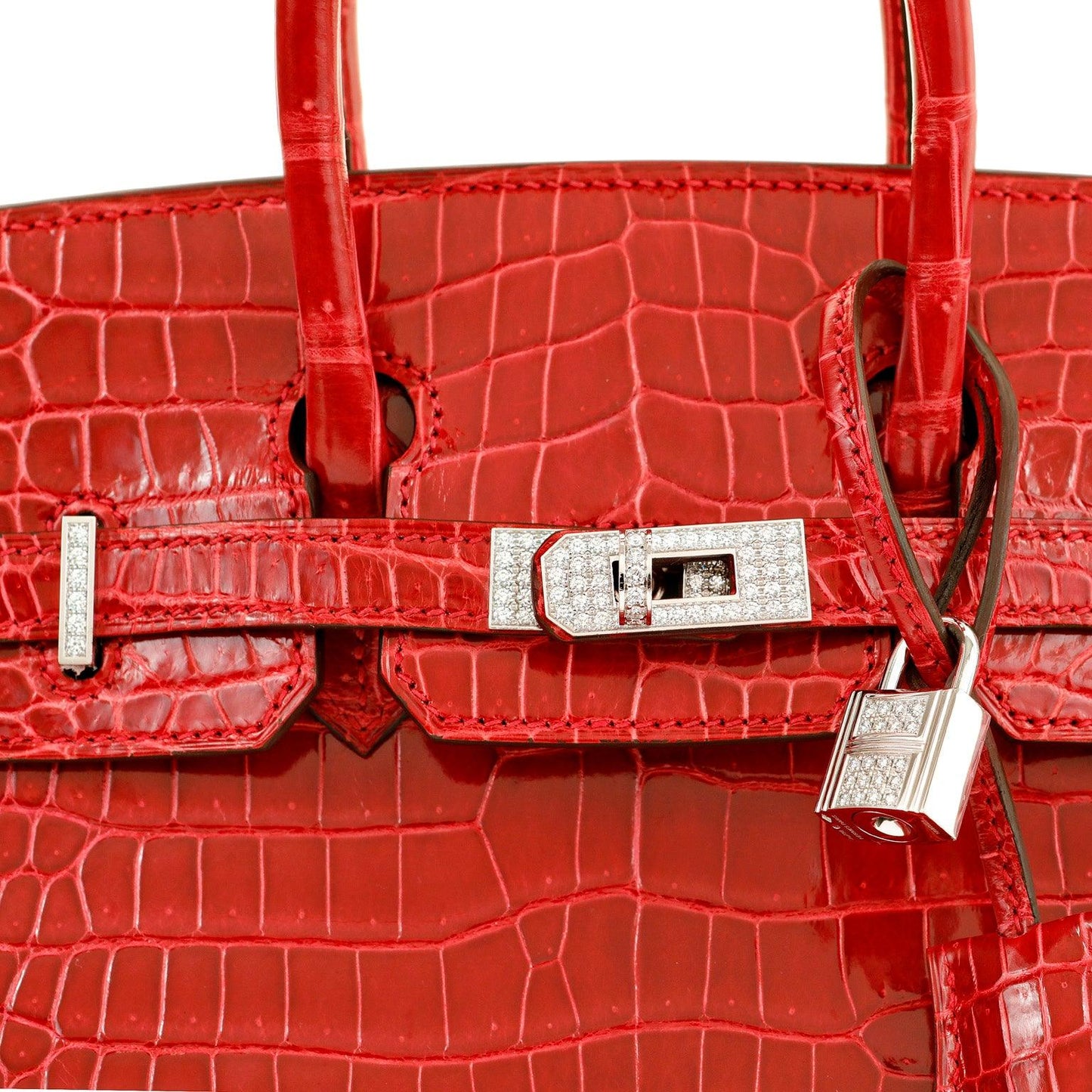 Luxury Hermes 25cm Braise Red Crocodile Birkin w/ Diamond White Gold Hardware