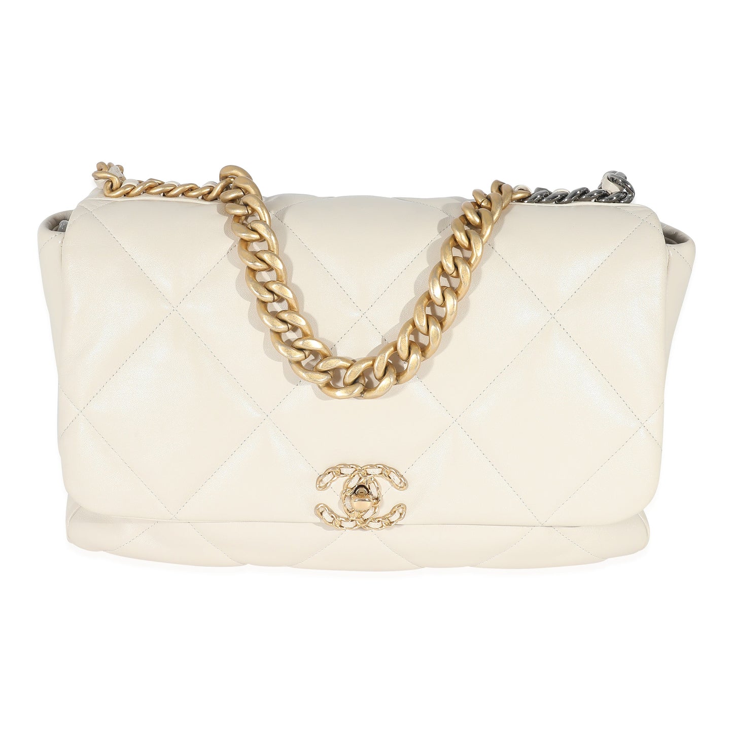 Chanel Ivory Shiny Quilted Lambskin Maxi Chanel 19 Flap Bag