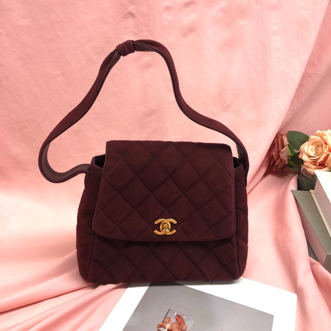 Chanel Kelly Mini   Burgundy Suede Leather Top Handle Bag