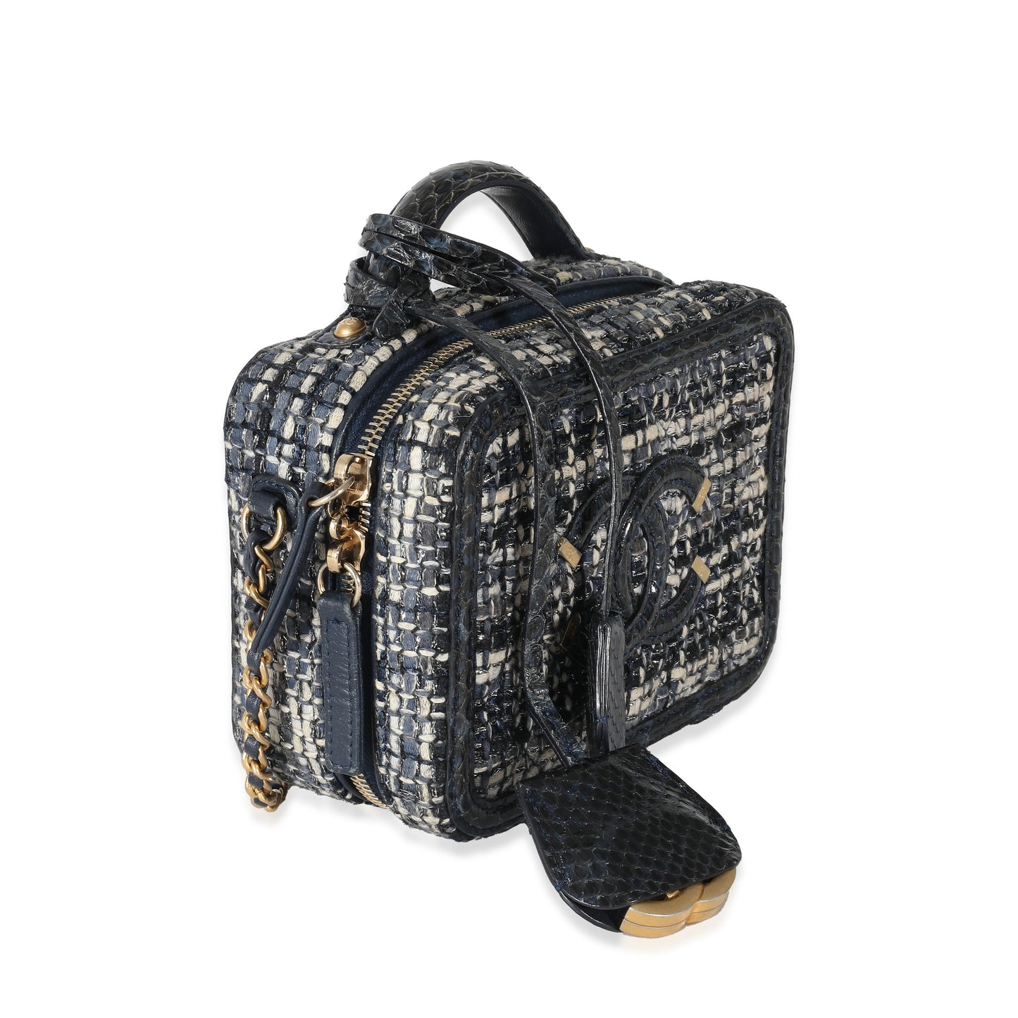 Chanel Navy Tweed Snakeskin Small CC Filigree Vanity Case
