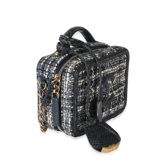 Chanel Navy Tweed Snakeskin Small CC Filigree Vanity Case