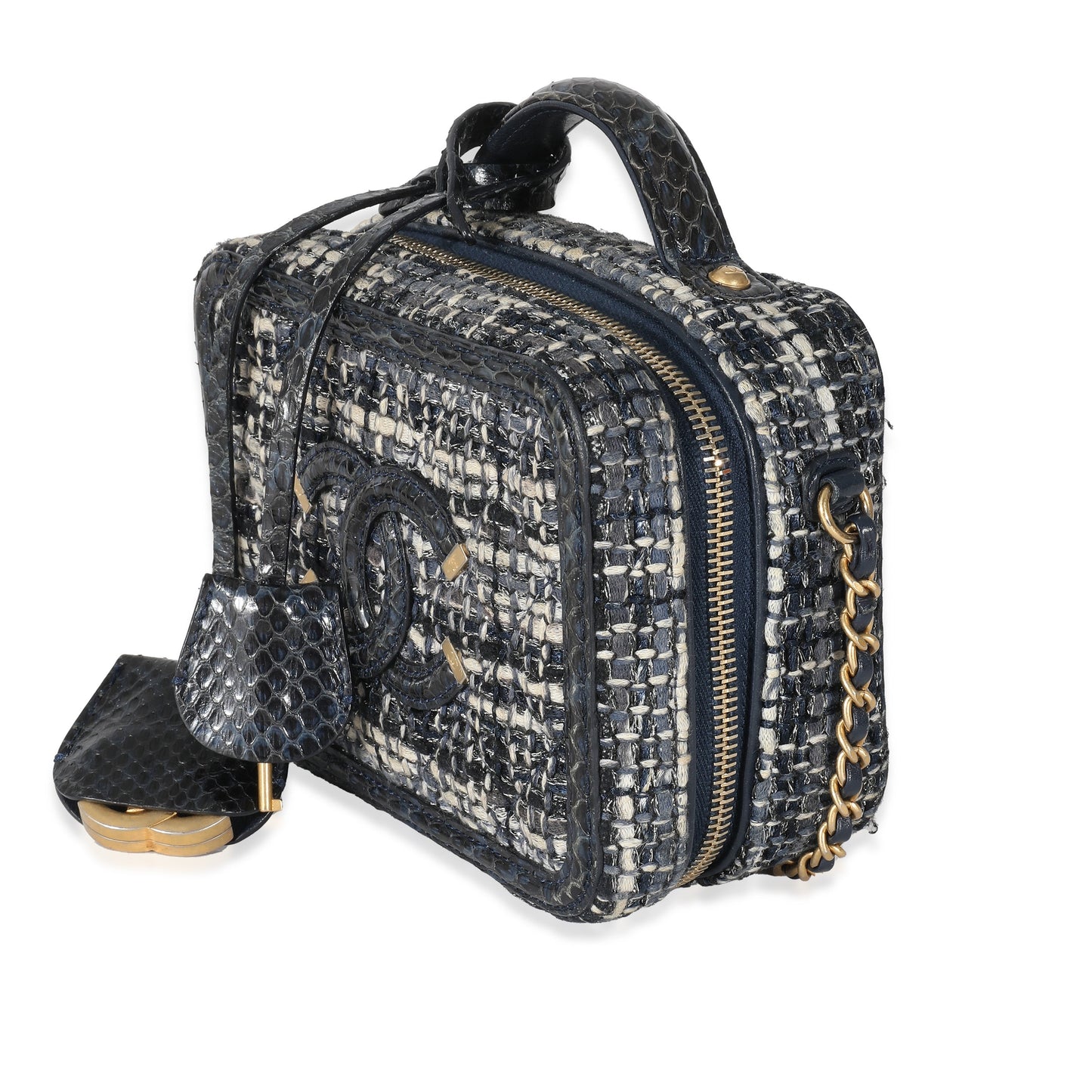 Chanel Navy Tweed Snakeskin Small CC Filigree Vanity Case