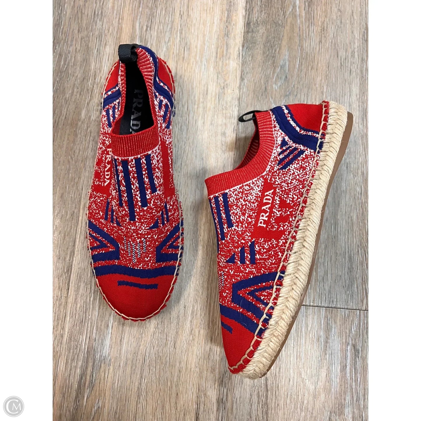 Shoes Luxury Designer By Prada In Blue & Red, Size: 7 (37)