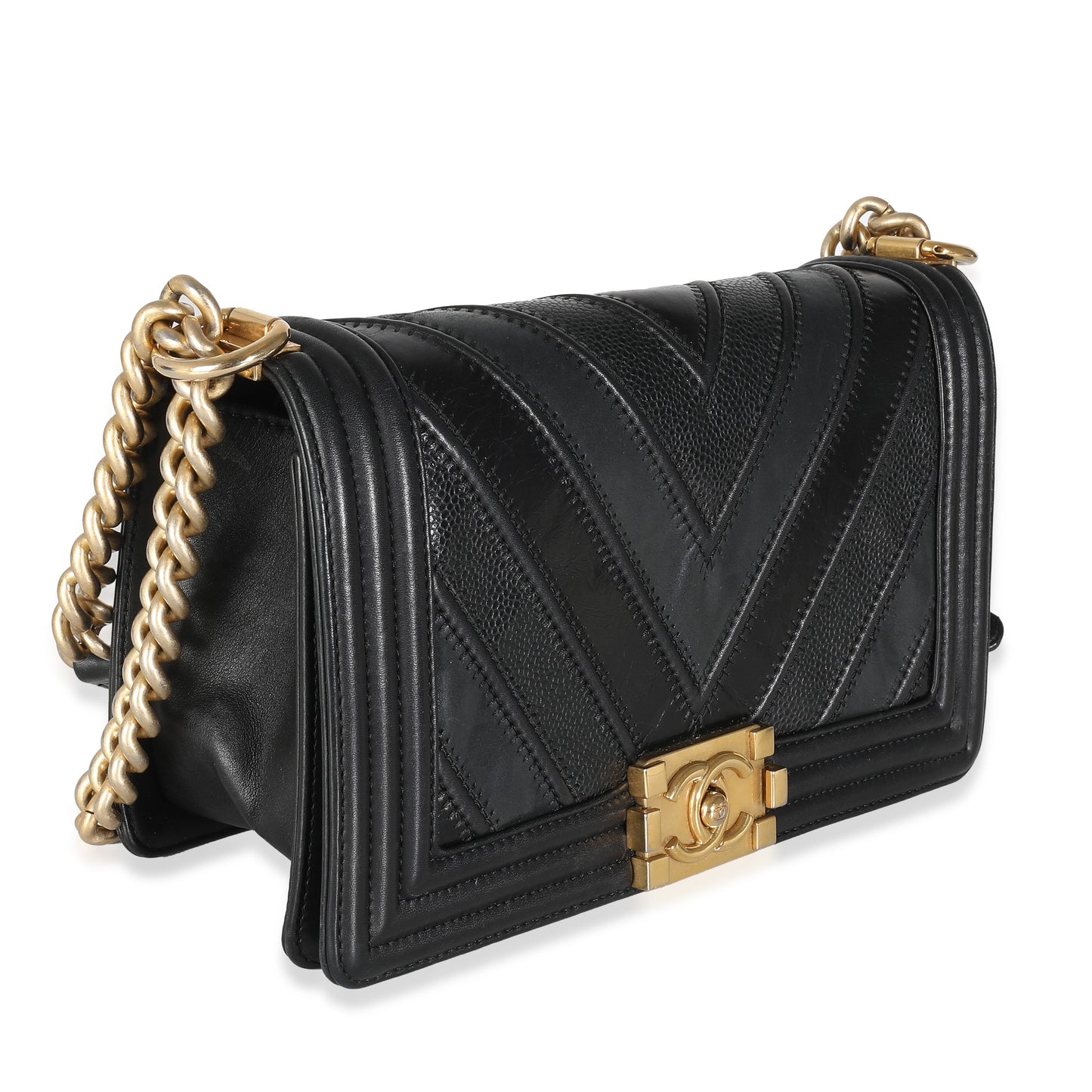 Chanel Black Calfskin Caviar In The Mix Chevron Old Medium Boy Handbag