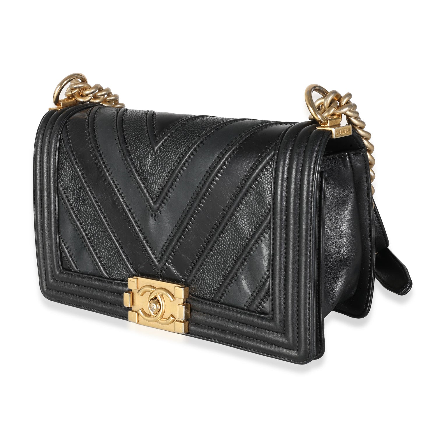 Chanel Black Calfskin Caviar In The Mix Chevron Old Medium Boy Handbag