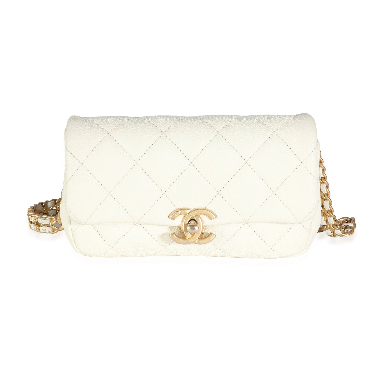Chanel White Quilted Caviar Chain Melody Waist Belt Bag