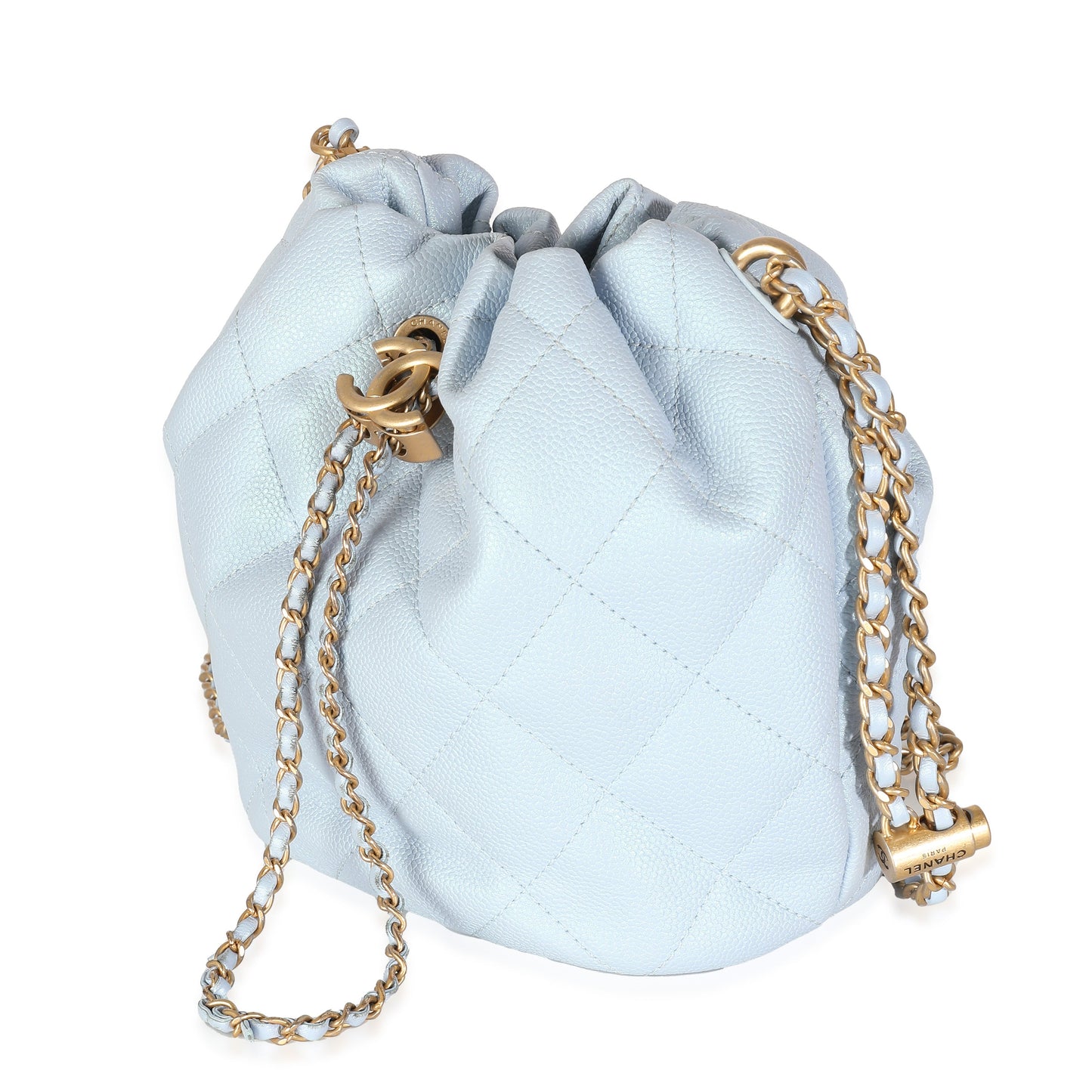 Chanel Light Blue Iridescent Quilted Caviar My Perfect CC Drawstring Handbag