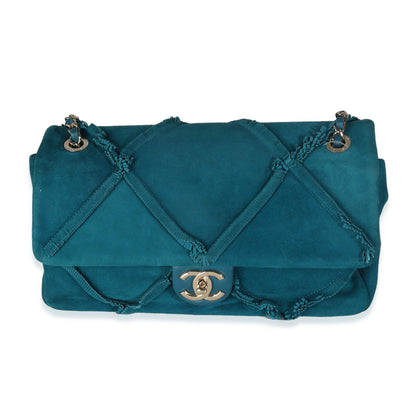 Chanel Teal Suede Goatskin Diamond Fringe Medium Flap Bag