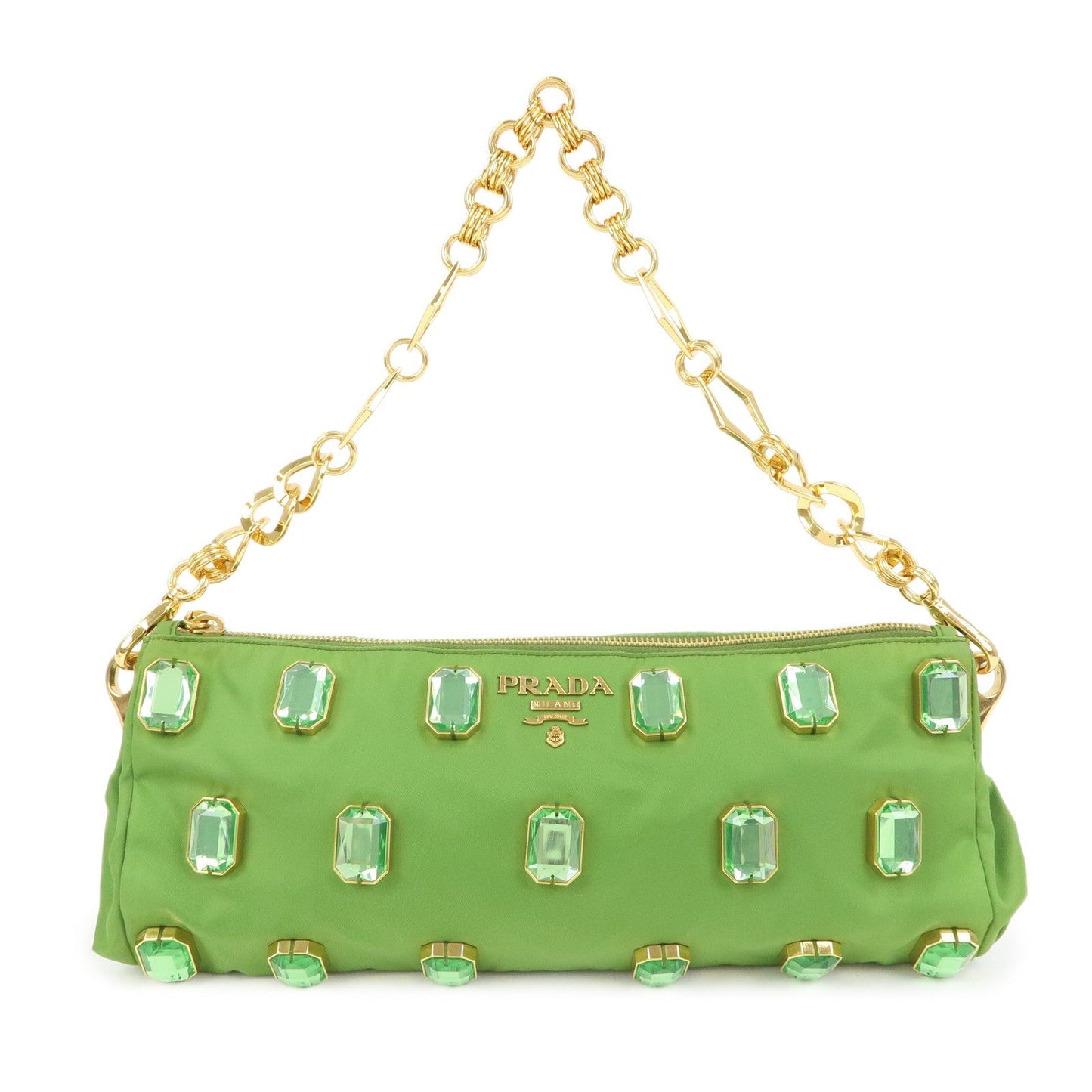PRADA Bijou Nylon Stone Chain Shoulder Bag Clutch Bag Green