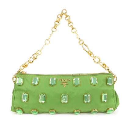 PRADA Bijou Nylon Stone Chain Shoulder Bag Clutch Bag Green