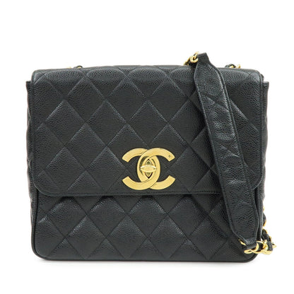 CHANEL Matelasse COCO Mark Caviarskin Chain Shoulder Bag Black