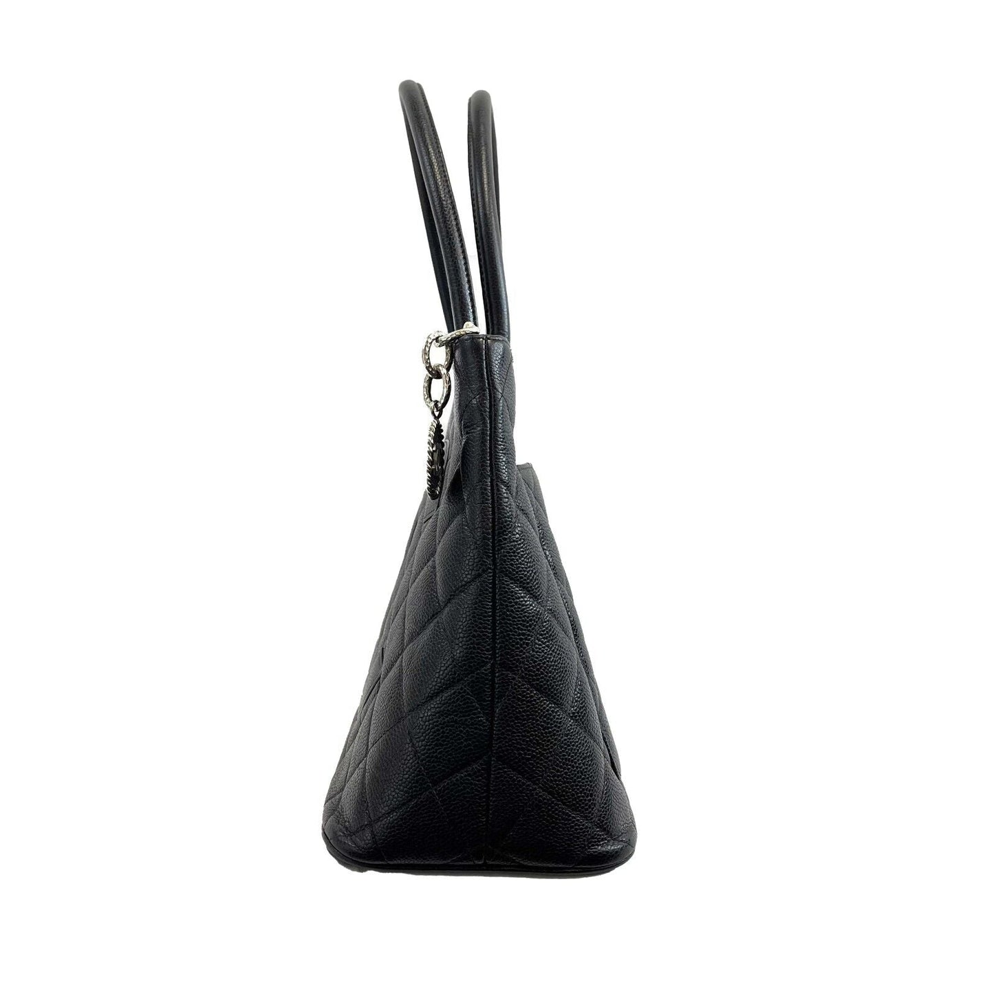 CHANEL CC Medallion Black Diamond Quilted Caviar Leather Tote / Shoulder Bag