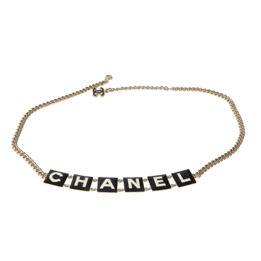 Chanel 2022 Black & White Enamel Gold Plated Logo Belt