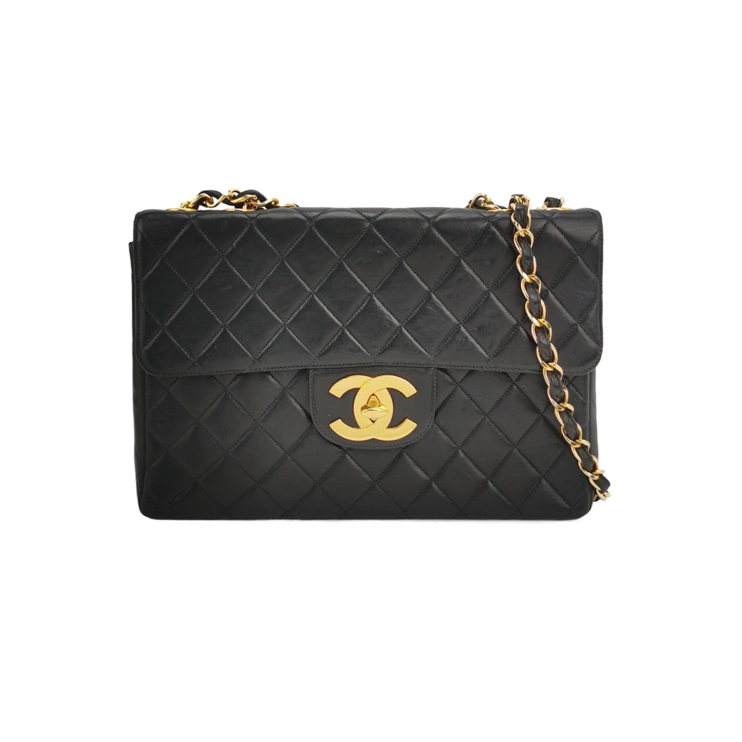 Chanel Classic Flap Large 1994   Black Lambskin Leather 24k Gold Plated Mega CC Logo