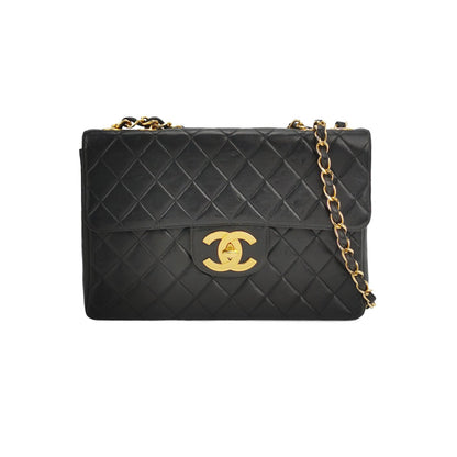 Chanel Classic Flap Large 1994   Black Lambskin Leather 24k Gold Plated Mega CC Logo