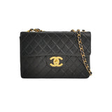 Chanel Classic Flap Large 1994   Black Lambskin Leather 24k Gold Plated Mega CC Logo