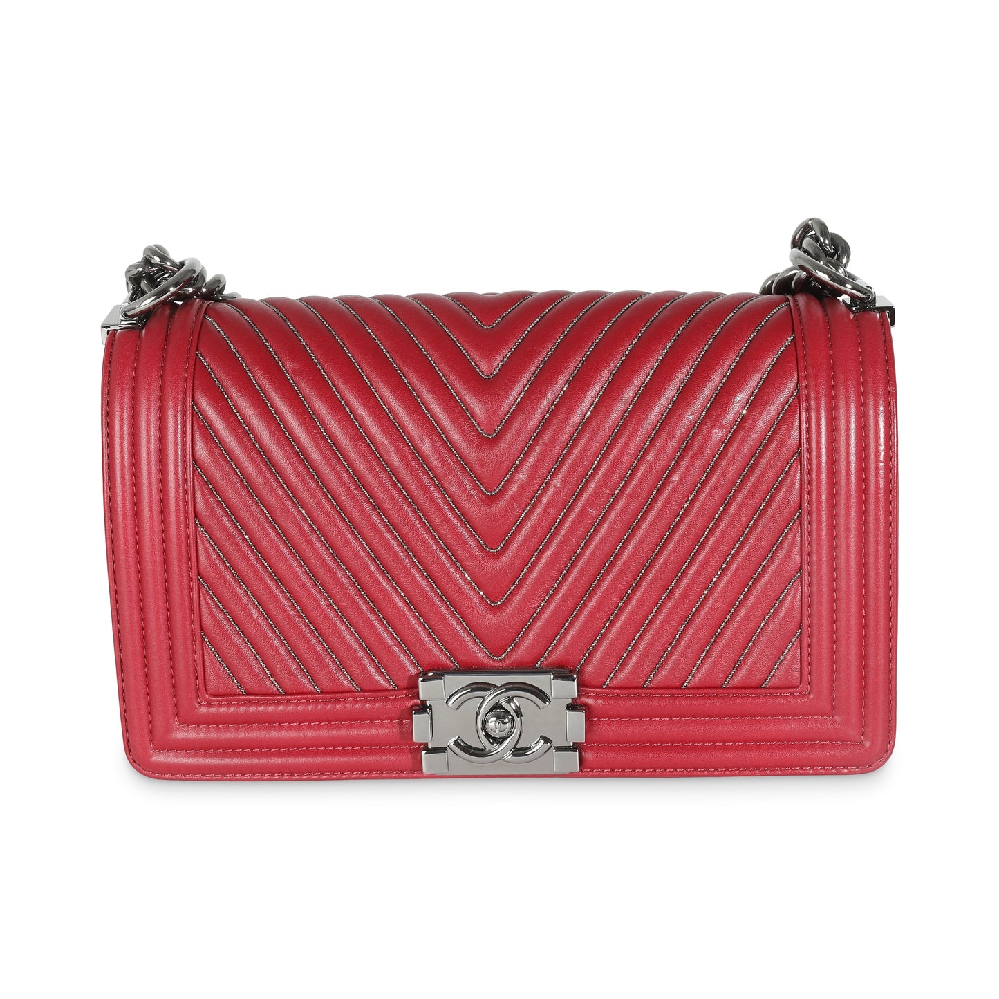 Chanel Burgundy Chevron Calfskin Chain Medium Boy Bag