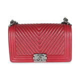 Chanel Burgundy Chevron Calfskin Chain Medium Boy Bag