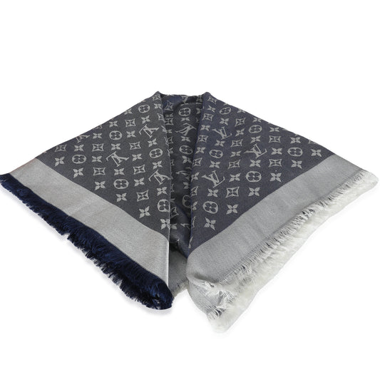 Louis Vuitton Blue Denim Silk Wool Monogram Shine Shawl