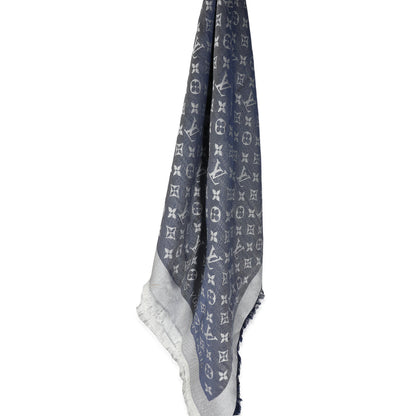 Louis Vuitton Blue Denim Silk Wool Monogram Shine Shawl