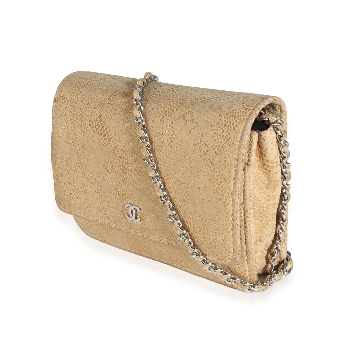 Chanel Beige Suede Lace Over Wallet On Chain