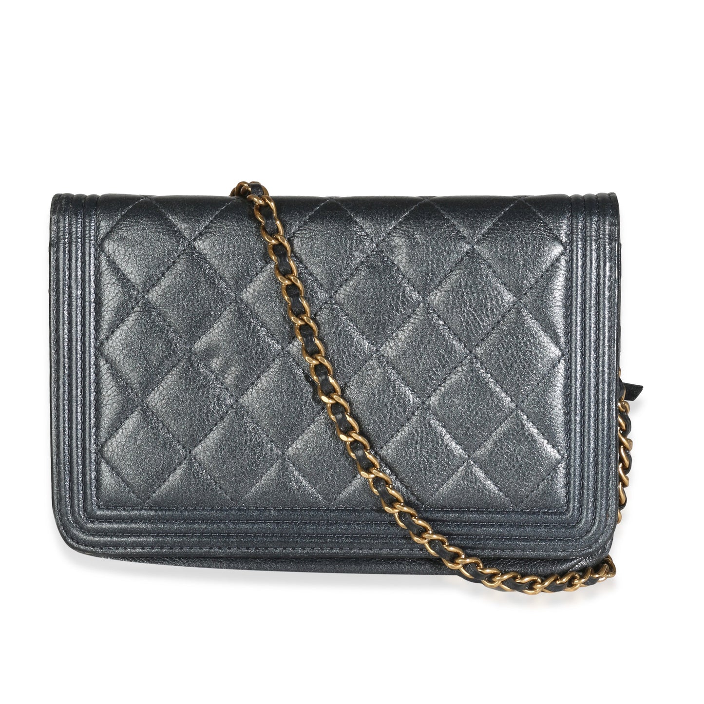 Chanel Gunmetal Quilted Lambskin Boy Wallet On Chain