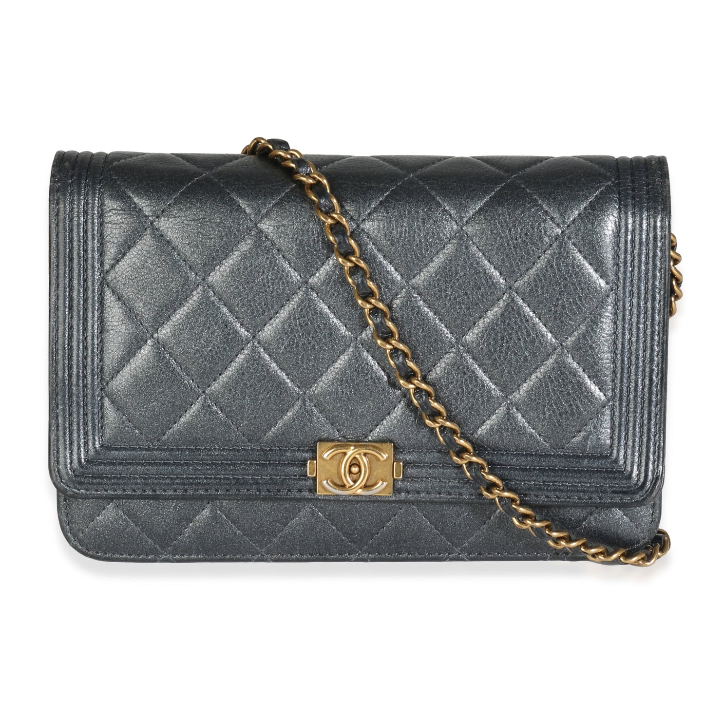 Chanel Gunmetal Quilted Lambskin Boy Wallet On Chain