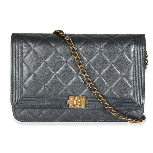 Chanel Gunmetal Quilted Lambskin Boy Wallet On Chain