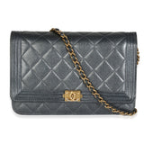 Chanel Gunmetal Quilted Lambskin Boy Wallet On Chain