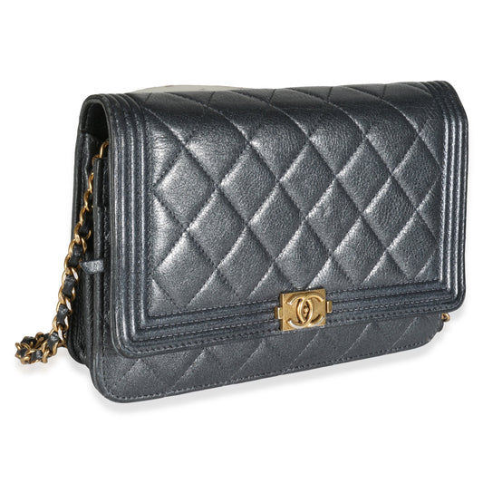 Chanel Gunmetal Quilted Lambskin Boy Wallet On Chain