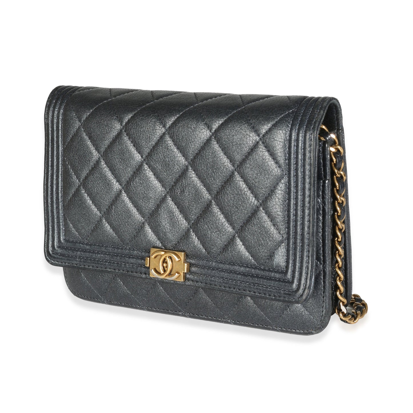 Chanel Gunmetal Quilted Lambskin Boy Wallet On Chain