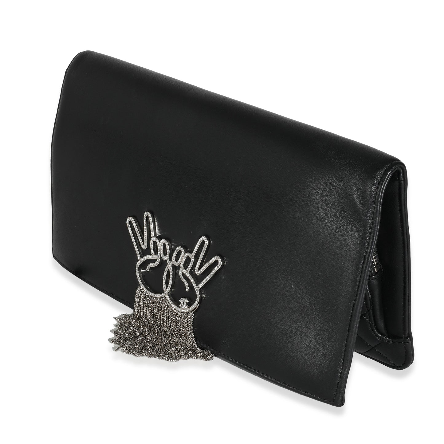 Chanel Black Lambskin Crystal Peace Sign Emoji Fold Over Clutch