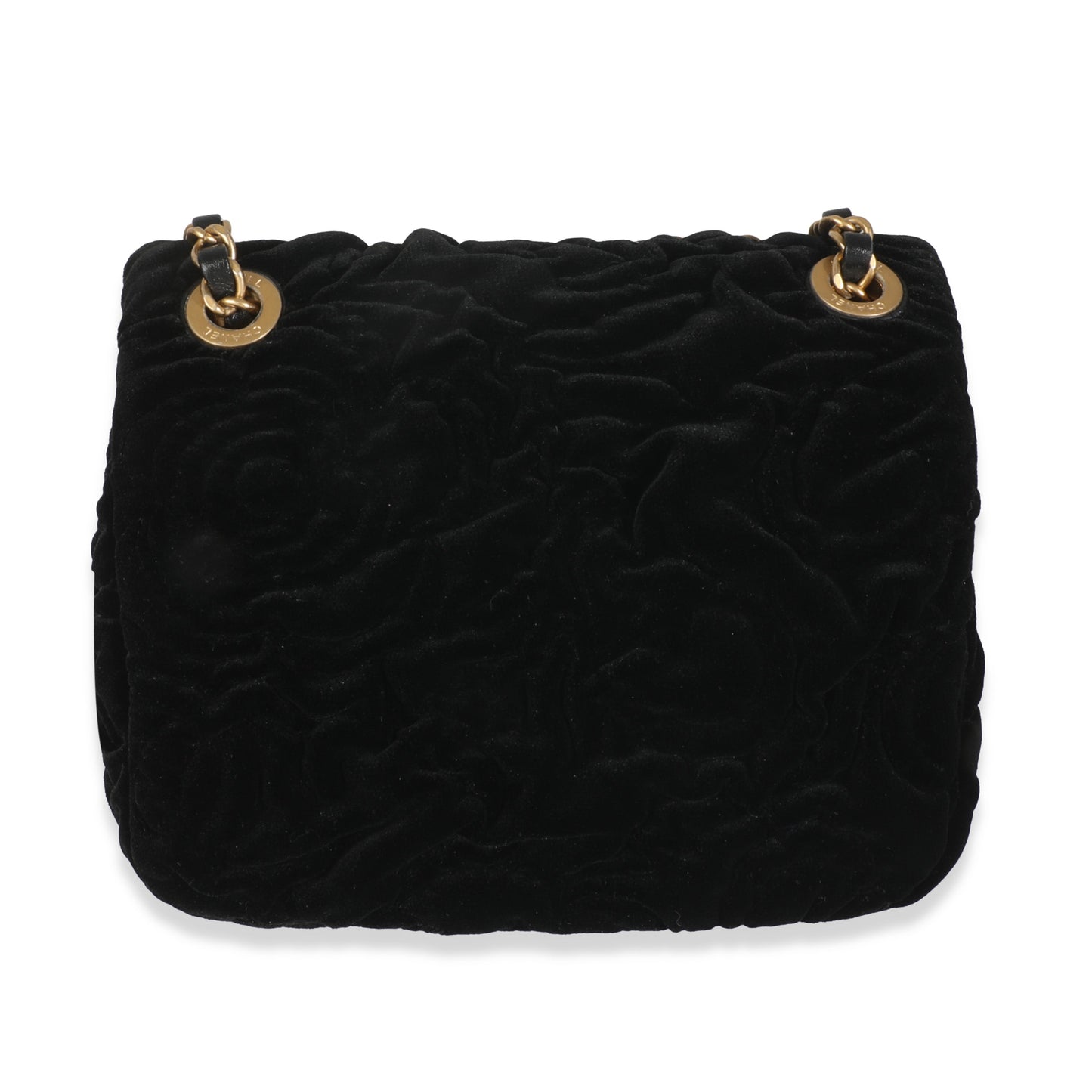 Chanel Black Camellia Embossed Velvet Mini Square Flap Bag