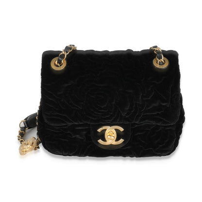 Chanel Black Camellia Embossed Velvet Mini Square Flap Bag