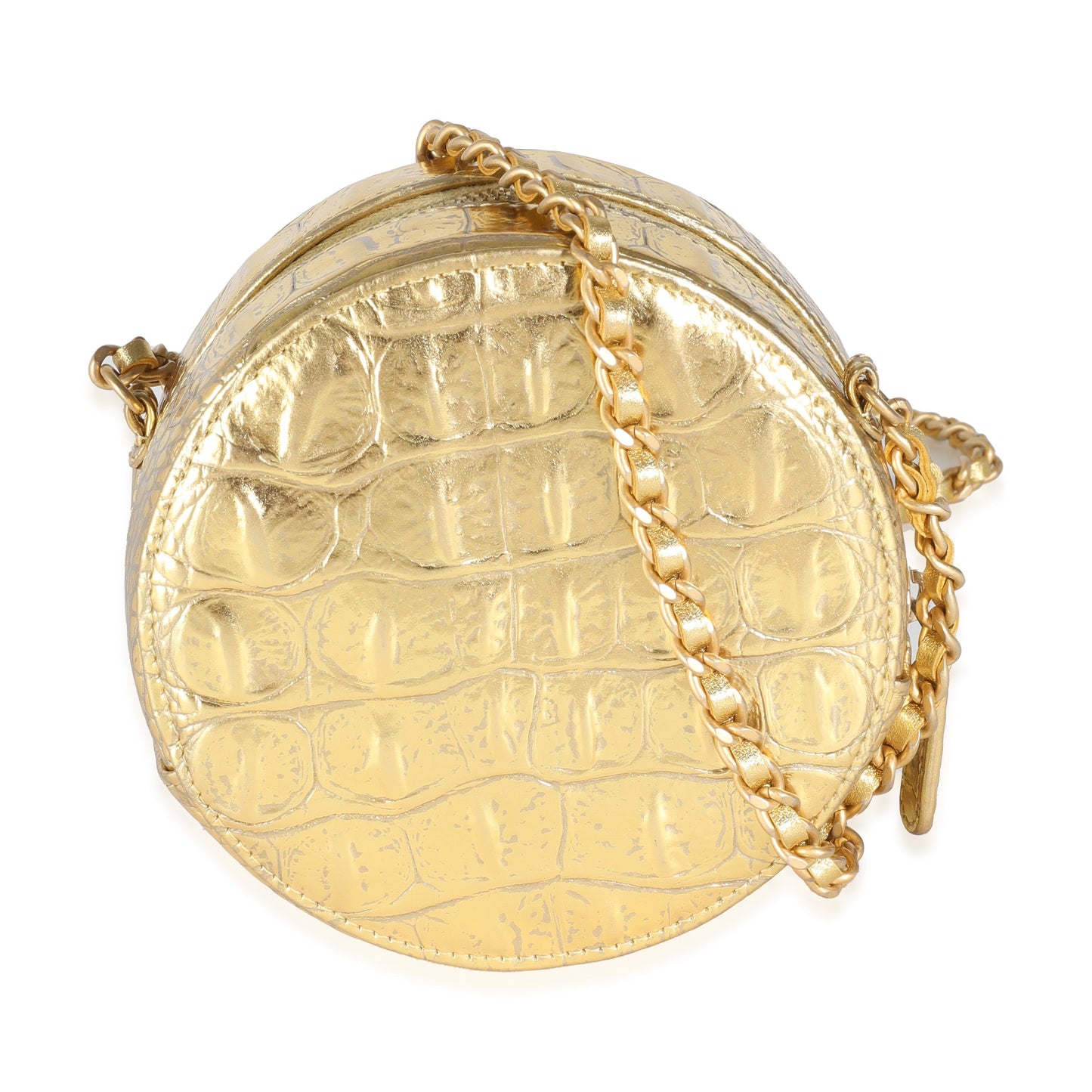 Chanel Metallic Gold Croc Embossed Calfskin Round Clutch On Chain