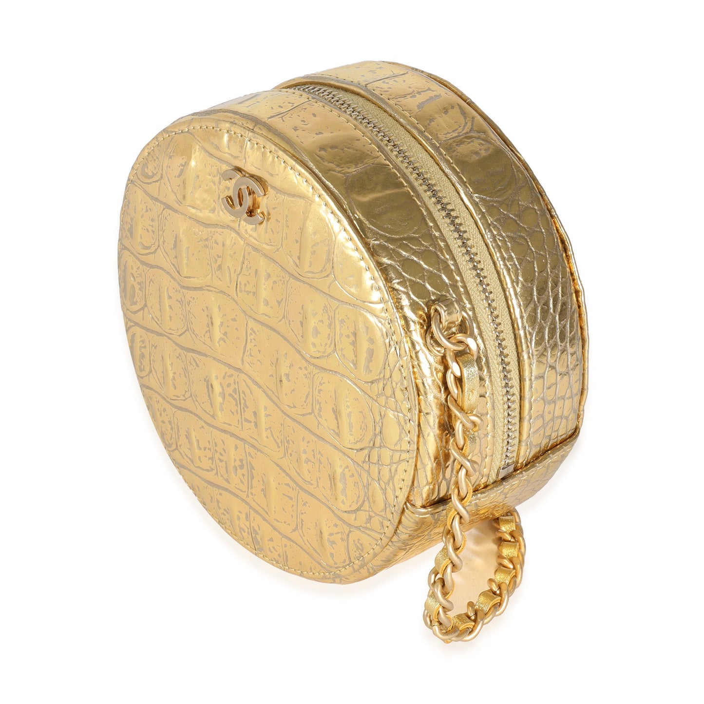 Chanel Metallic Gold Croc Embossed Calfskin Round Clutch On Chain