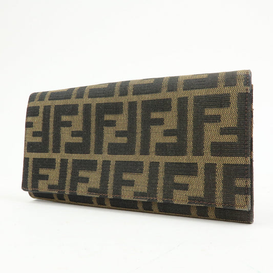 FENDI Zucca Canvas Leather Bi-Fold Long Wallet Black Brown 8M0000