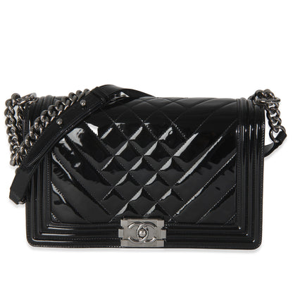 Chanel Black Patent Chevron Old Medium Boy Bag