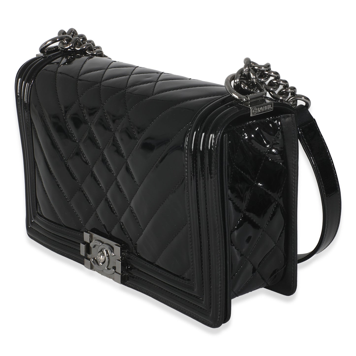 Chanel Black Patent Chevron Old Medium Boy Bag