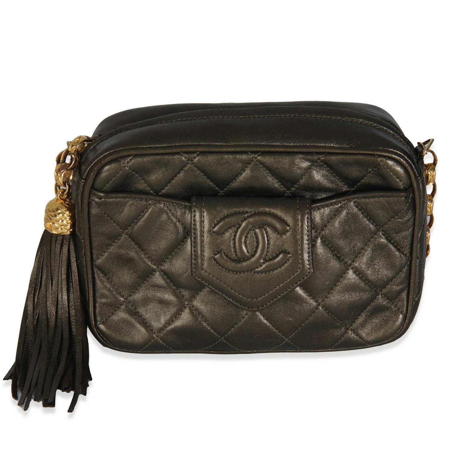 Chanel  Metallic Green Quilted Lambskin Tassel Camera Bag
