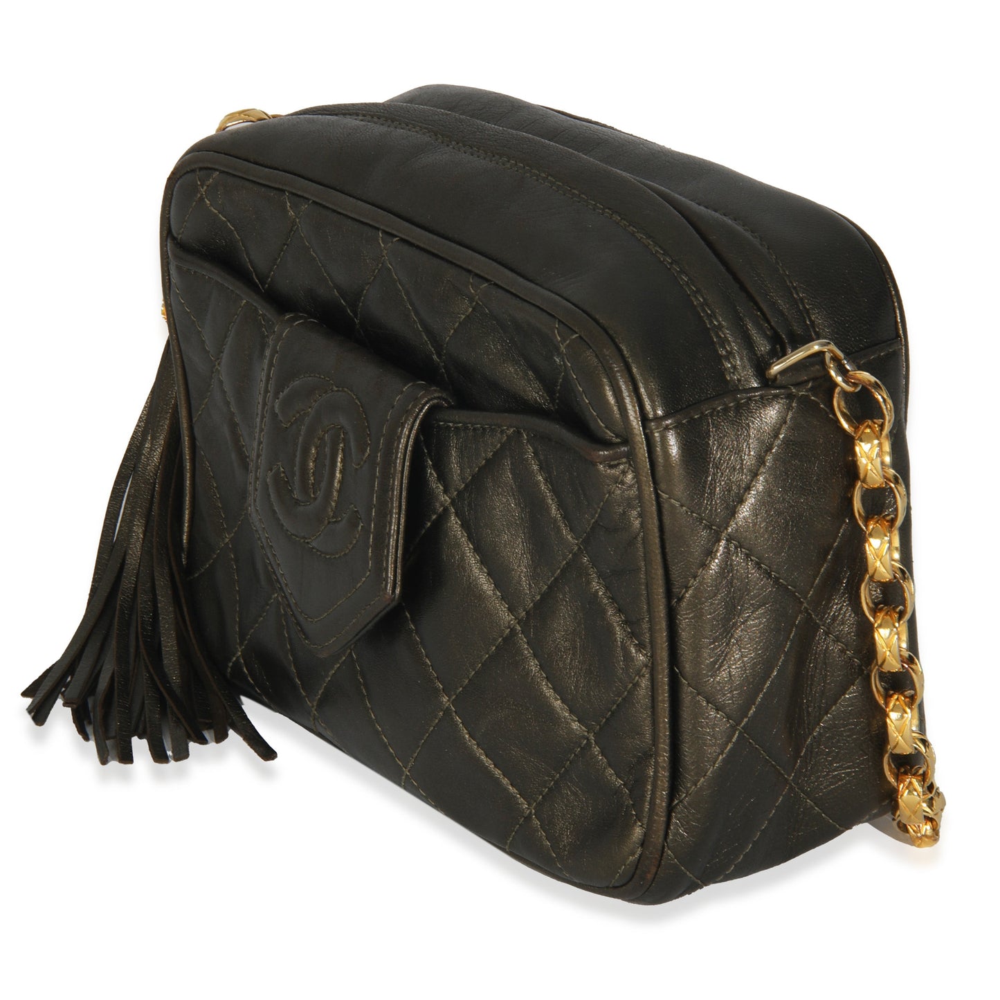 Chanel  Metallic Green Quilted Lambskin Tassel Camera Bag