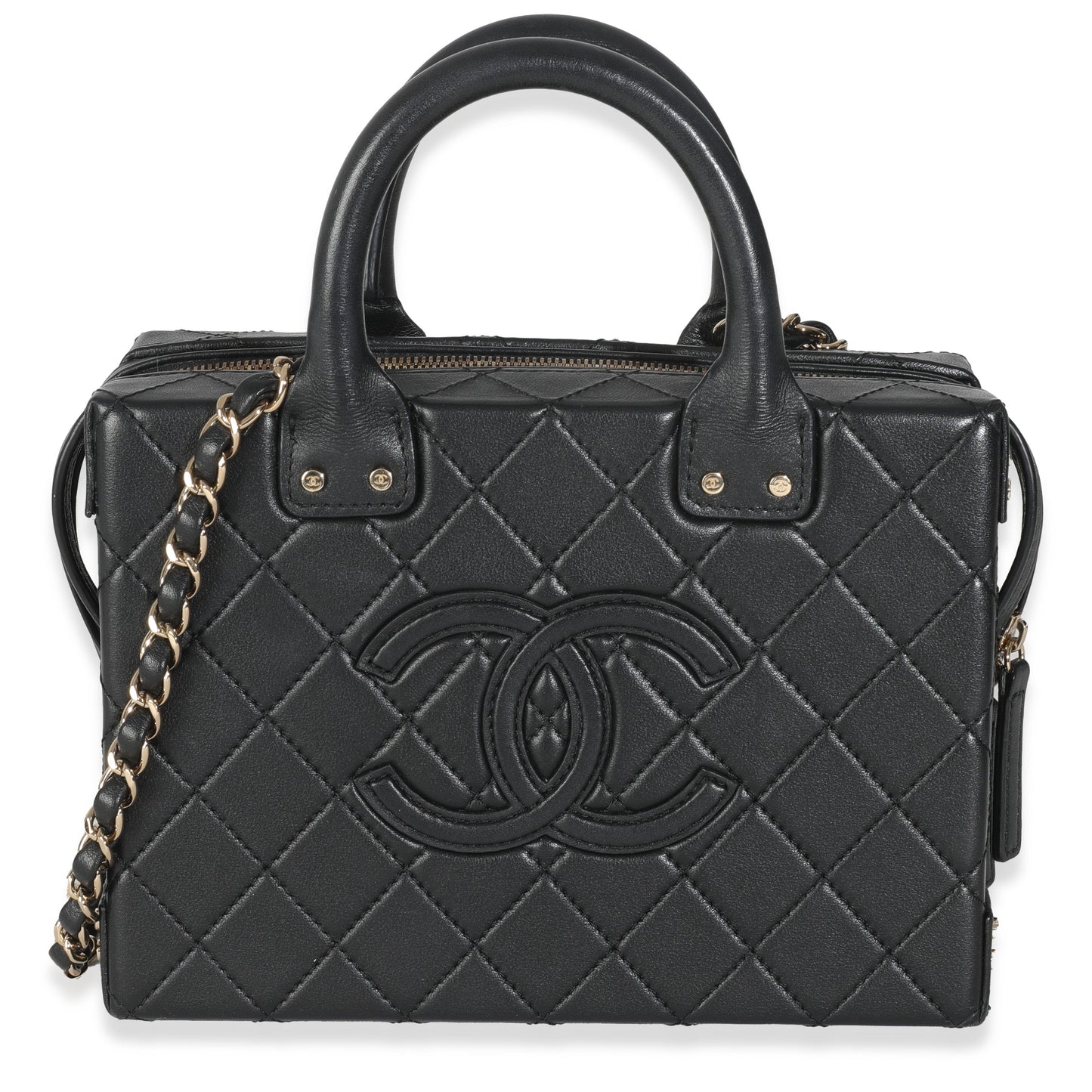 Chanel Black Quilted Calfskin Studded Square Vanity Case