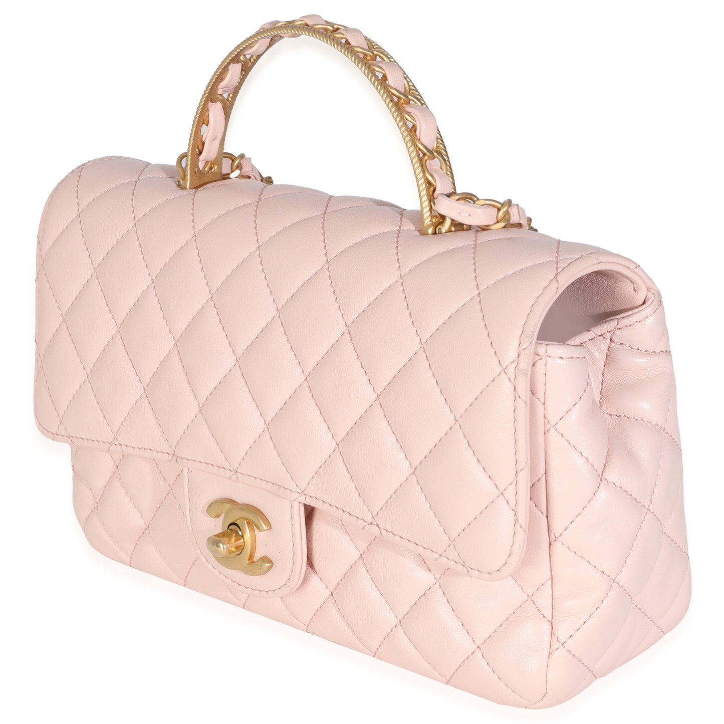 Chanel Light Pink Quilted Lambskin Small Metal Top Handle Flap Bag