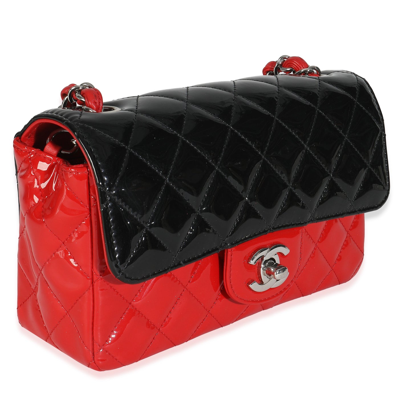 Chanel Red Black Quilted Patent Bi-Color Mini Rectangular Flap Bag