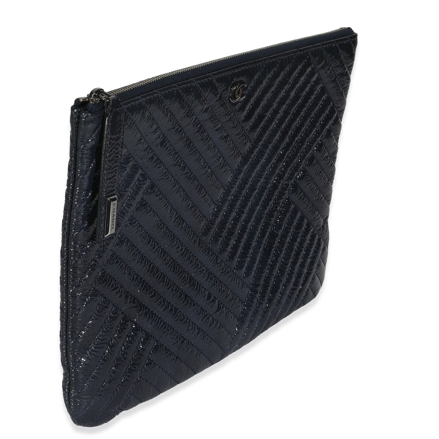 Chanel Grey Distressed Patent Medium CC Crossing Cosmetic Case
