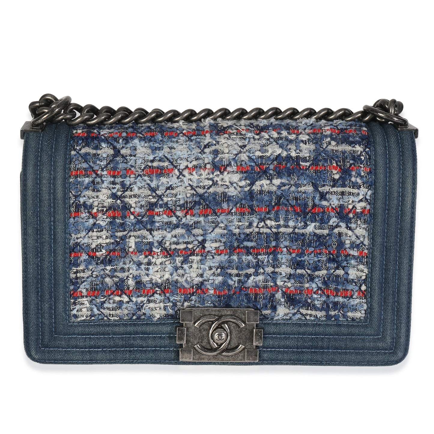 Chanel Blue Multicolor Denim Quilted Tweed Old Medium Boy Bag