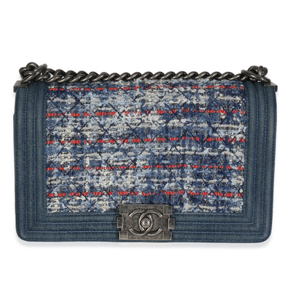 Chanel Blue Multicolor Denim Quilted Tweed Old Medium Boy Bag