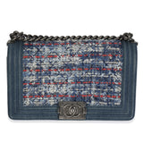 Chanel Blue Multicolor Denim Quilted Tweed Old Medium Boy Bag