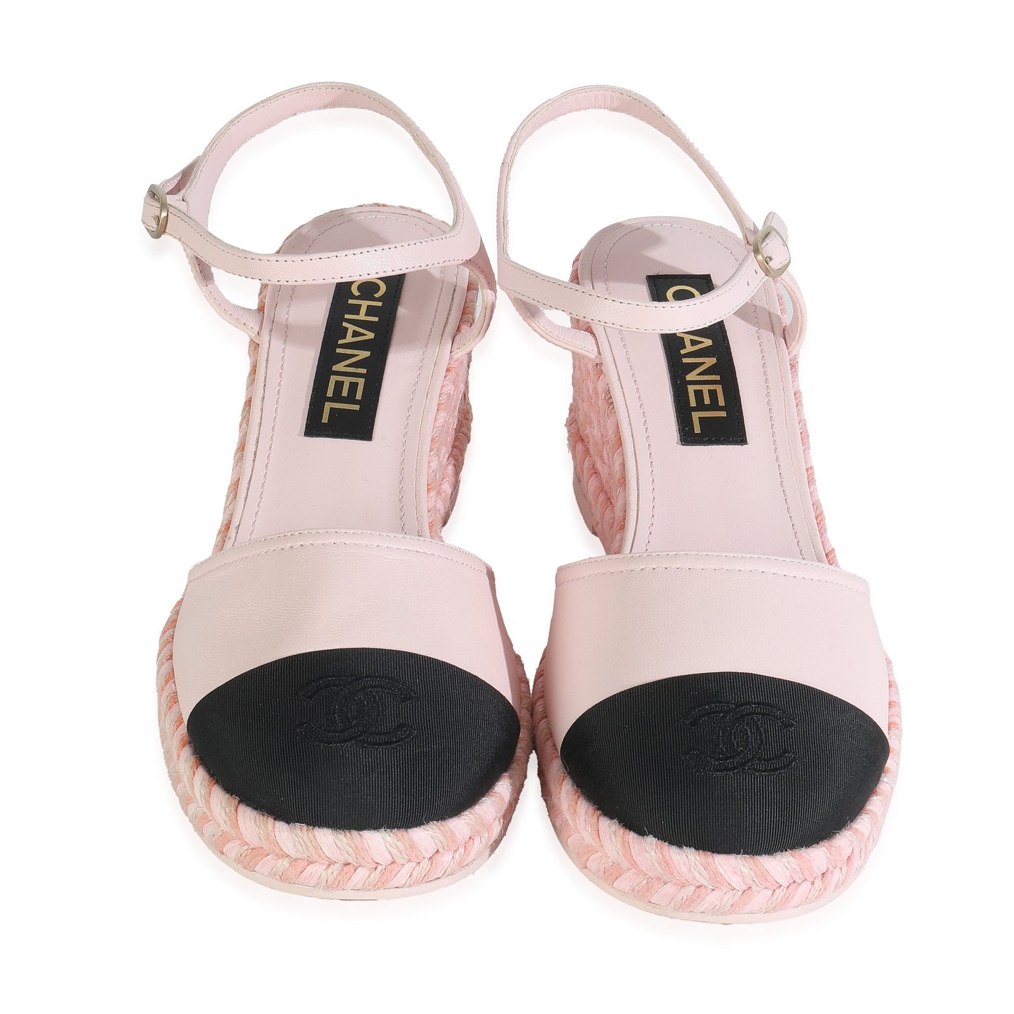 Chanel 23S Pink Black Lambskin Grosgrain CC Espadrilles Wedges 40